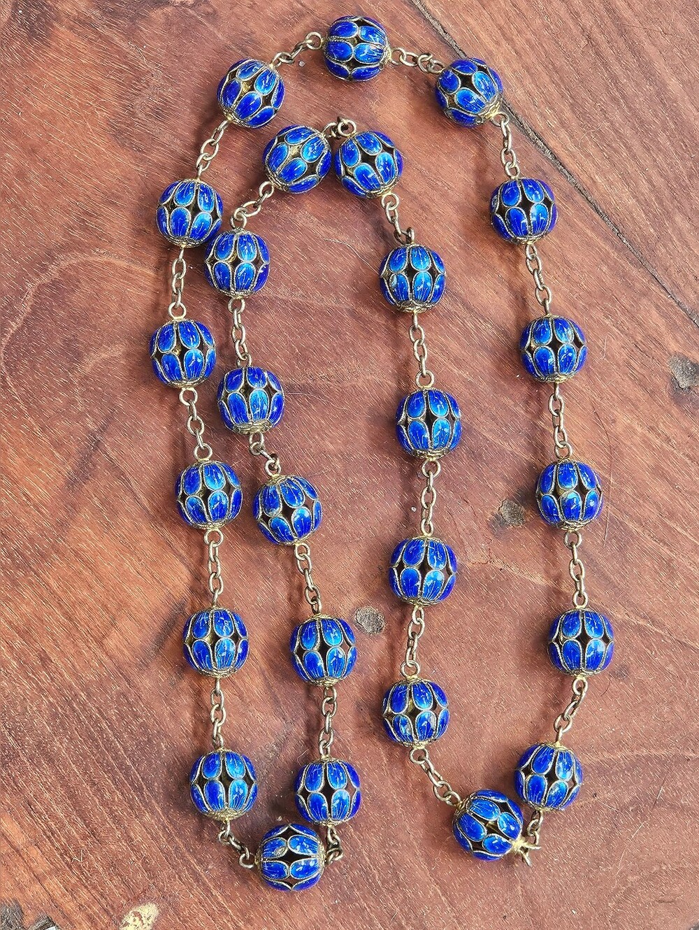 Estate Qing Dynasty Chinese Export Sterling Silver Enamel Ball Bead 30" Necklace